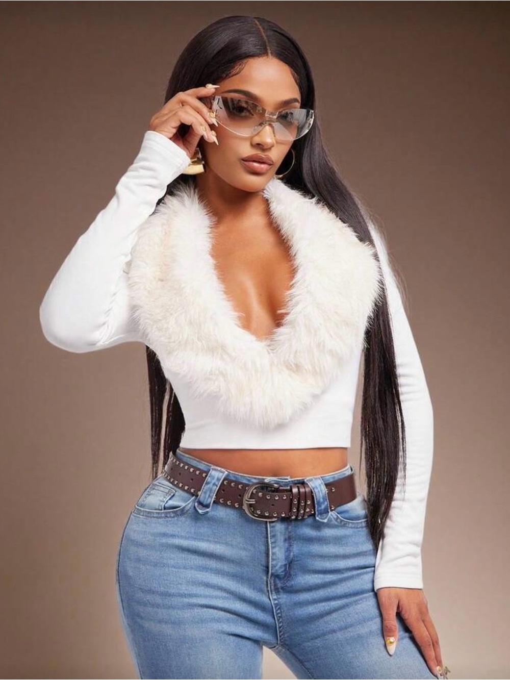 NWOT Faux Fur Trim White Long-Sleeve Top